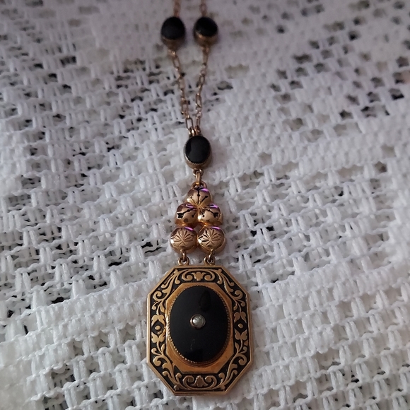 Rare Victorian Lavalier Black Onyx & Seed Pearl Necklace - Picture 3 of 12